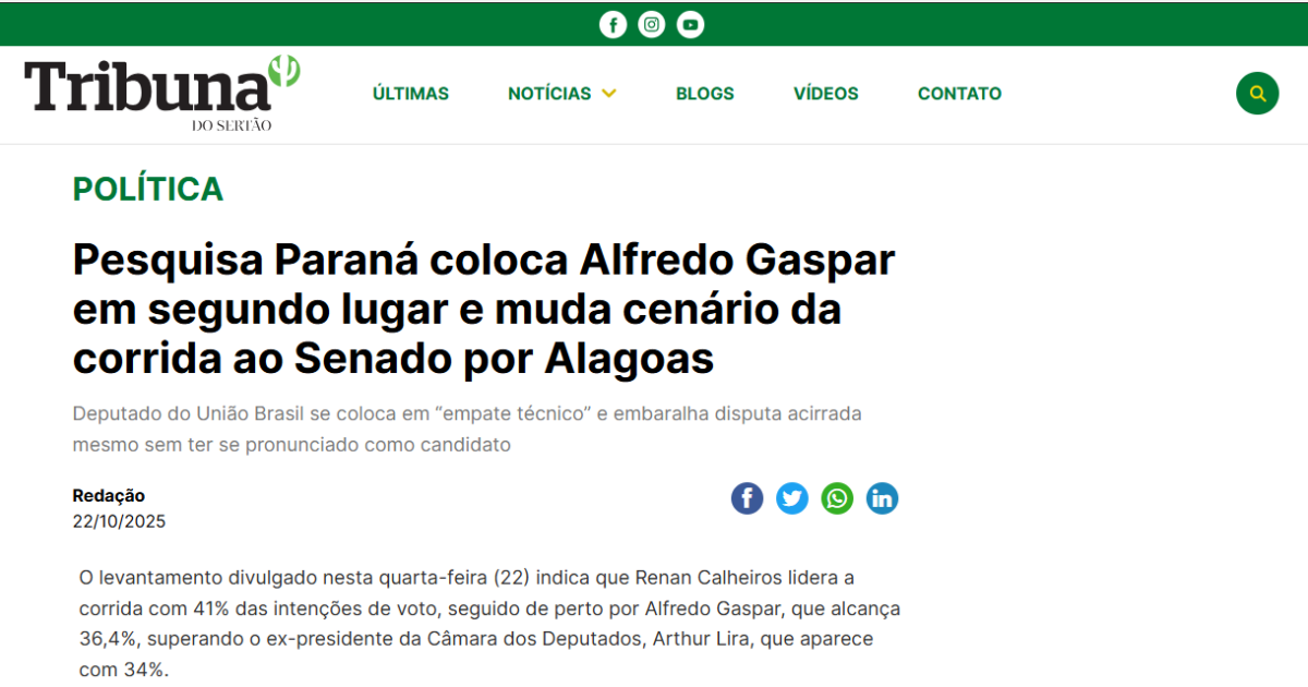 Tribuna do Sertão cita pesquisa realizada pela Paraná Pesquisas no Estado de Alagoas. 2 Tribuna do Sertão cita pesquisa realizada pela Paraná Pesquisas no Estado de Alagoas.