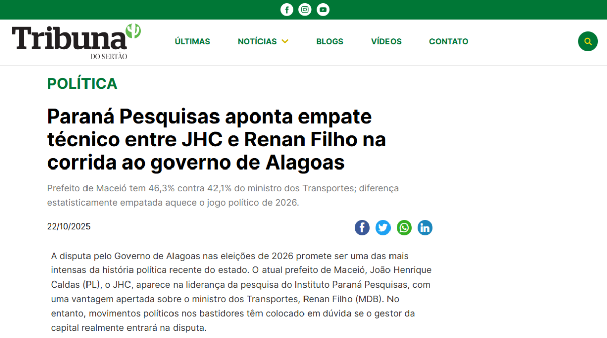 Tribuna do Sertão cita pesquisa realizada pela Paraná Pesquisas no Estado de Alagoas. 2 Tribuna do Sertão cita pesquisa realizada pela Paraná Pesquisas no Estado de Alagoas.