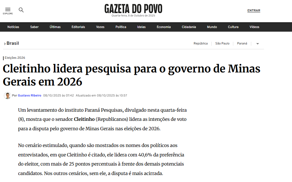 Gazeta do Povo cita pesquisa realizada pela Paraná Pesquisas no Estado de Minas Gerais. 2 Gazeta do Povo cita pesquisa realizada pela Paraná Pesquisas no Estado de Minas Gerais.