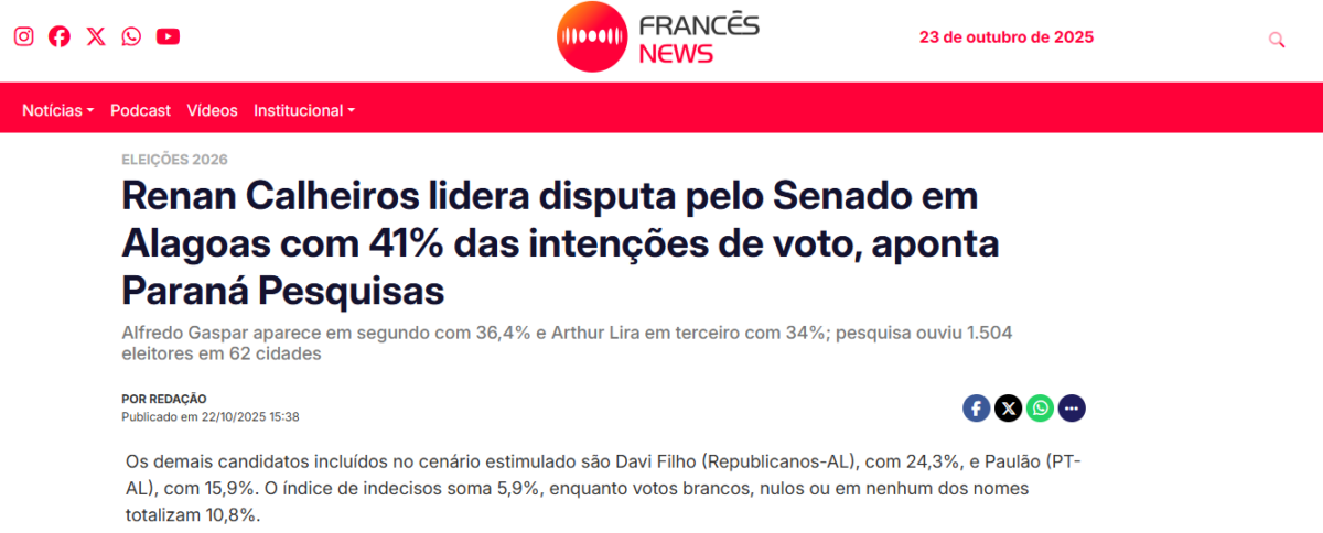 Francês News cita pesquisa realizada pela Paraná Pesquisas no Estado de Alagoas.