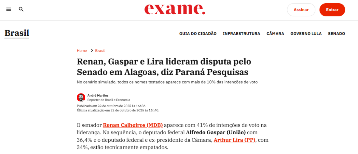 Exame cita pesquisa realizada pela Paraná Pesquisas no Estado de Alagoas. 2 Exame cita pesquisa realizada pela Paraná Pesquisas no Estado de Alagoas.