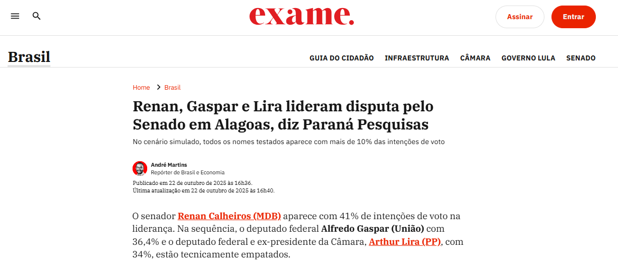 Exame cita pesquisa realizada pela Paraná Pesquisas no Estado de Alagoas. 1 Exame cita pesquisa realizada pela Paraná Pesquisas no Estado de Alagoas.