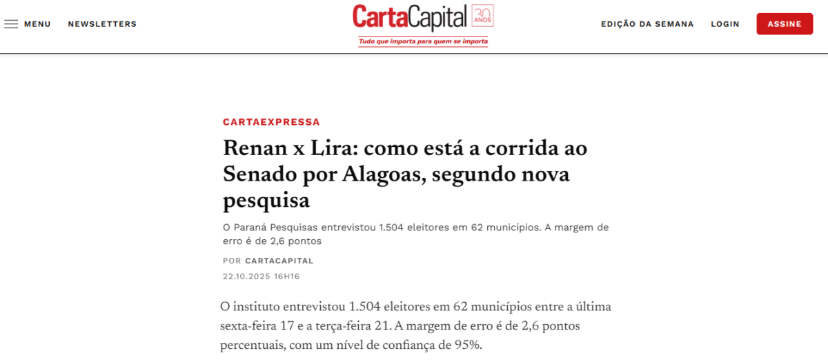 Carta Capital cita pesquisa realizada pela Paraná Pesquisas no Estado de Alagoas.