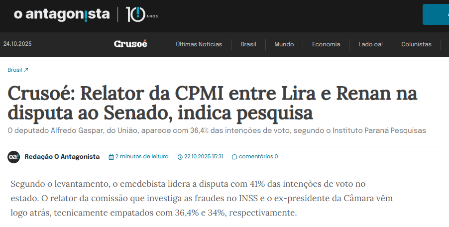O Antagonista cita pesquisa realizada pela Paraná Pesquisas no Estado de Alagoas. 2 O Antagonista cita pesquisa realizada pela Paraná Pesquisas no Estado de Alagoas.