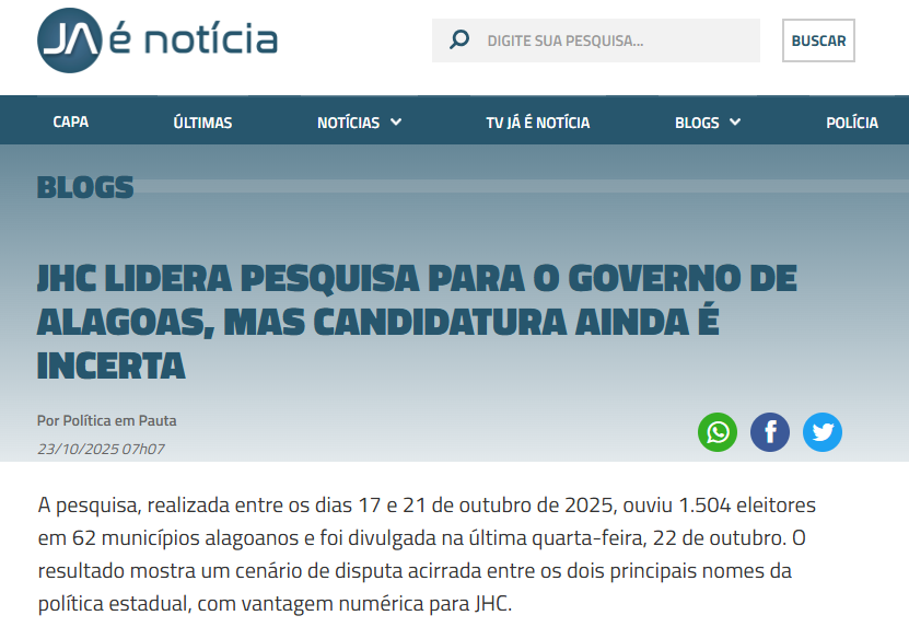 Já é Notícia cita pesquisa realizada pela Paraná Pesquisas no Estado de Alagoas.