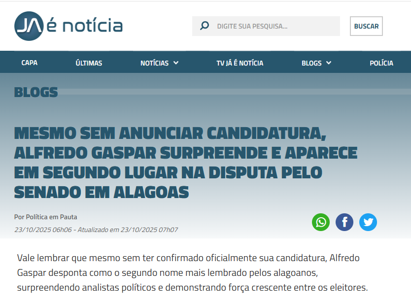 Já é Notícia cita pesquisa realizada pela Paraná Pesquisas no Estado de Alagoas.