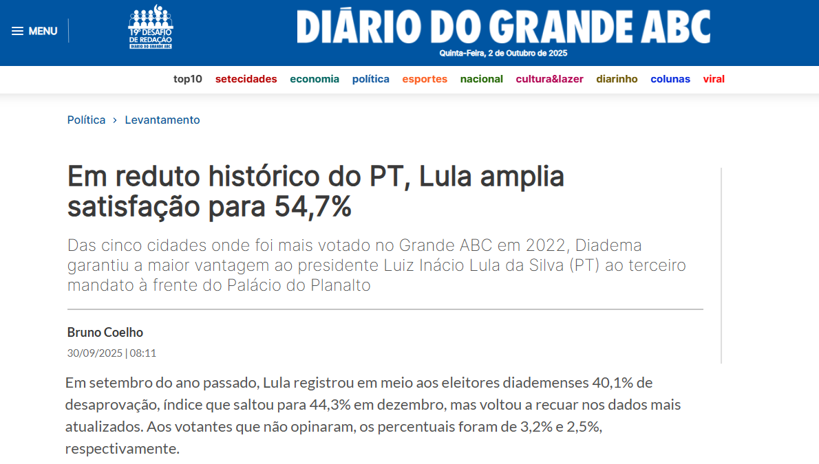 Diário do Grande ABC cita pesquisa realizada pela Paraná Pesquisas no Município de Diadema. 2 Diário do Grande ABC cita pesquisa realizada pela Paraná Pesquisas no Município de Diadema.