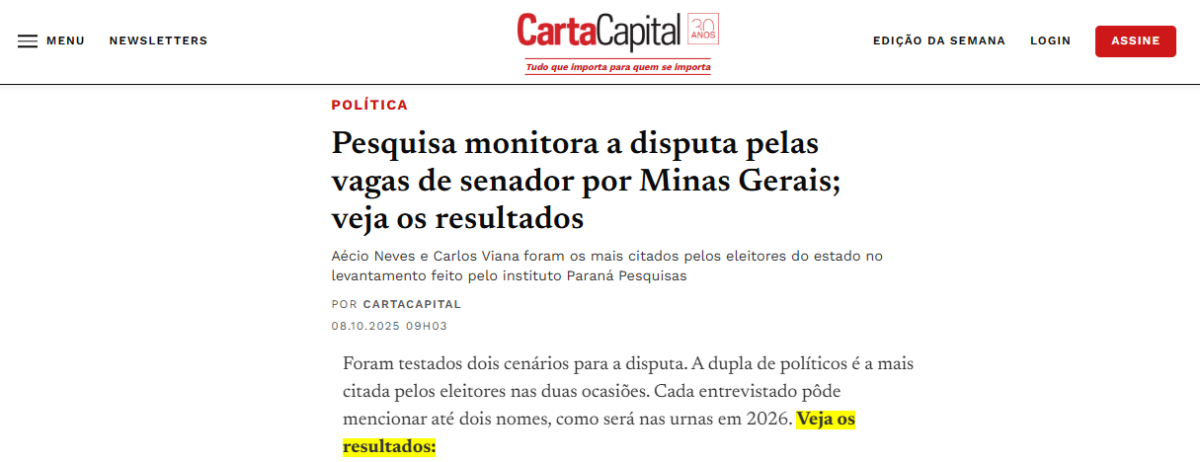 Carta Capital cita pesquisa realizada pela Paraná Pesquisas no Estado de Minas Gerais.