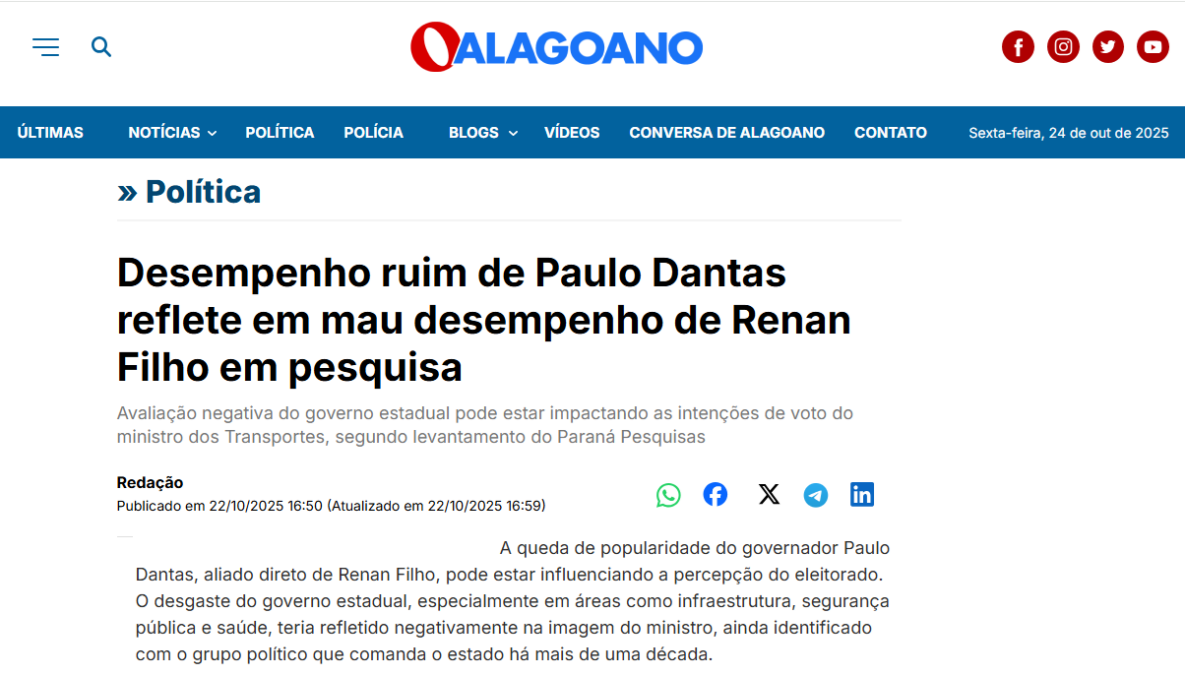 O Alagoano cita pesquisa realizada pela Paraná Pesquisas no Estado de Alagoas.