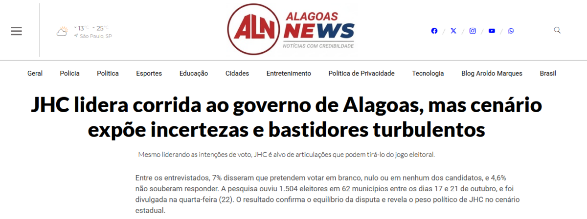 Alagoas News cita pesquisa realizada pela Paraná Pesquisas no Estado de Alagoas.
