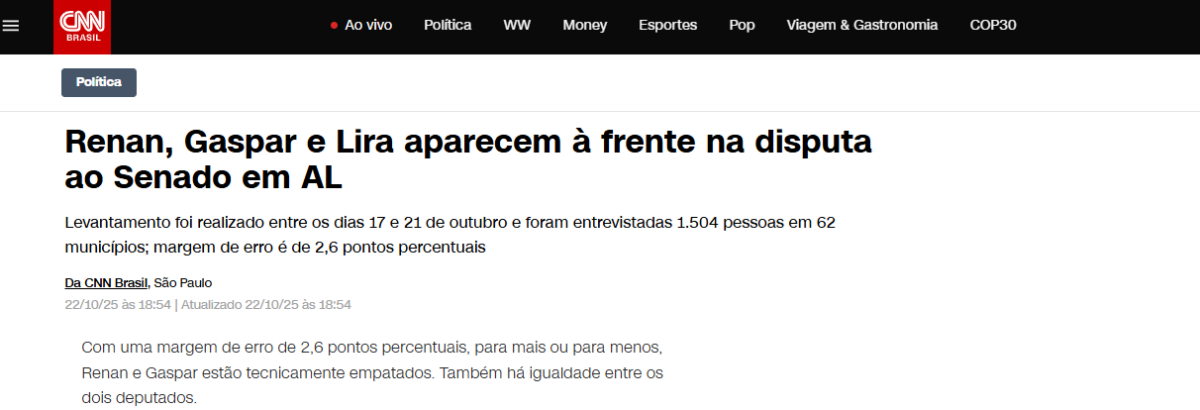 CNN Brasil cita pesquisa realizada pela Paraná Pesquisas no Estado de Alagoas.