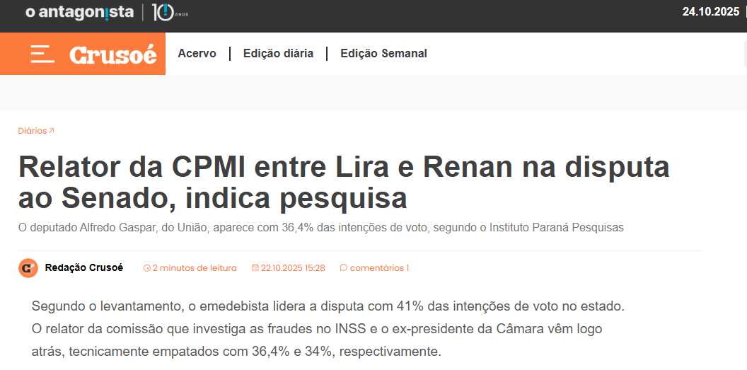 Crusoé cita pesquisa realizada pela Paraná Pesquisas no Estado de Alagoas.