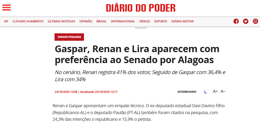 Diário do Poder cita pesquisa realizada pela Paraná Pesquisas no Estado de Alagoas.