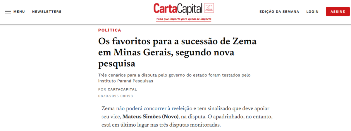 Carta Capital cita pesquisa realizada pela Paraná Pesquisas no Estado de Minas Gerais.