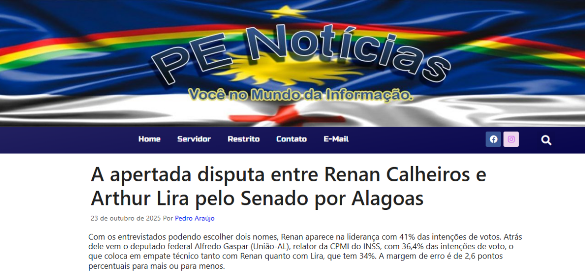 PE Notícias cita pesquisa realizada pela Paraná Pesquisas no Estado de Alagoas.