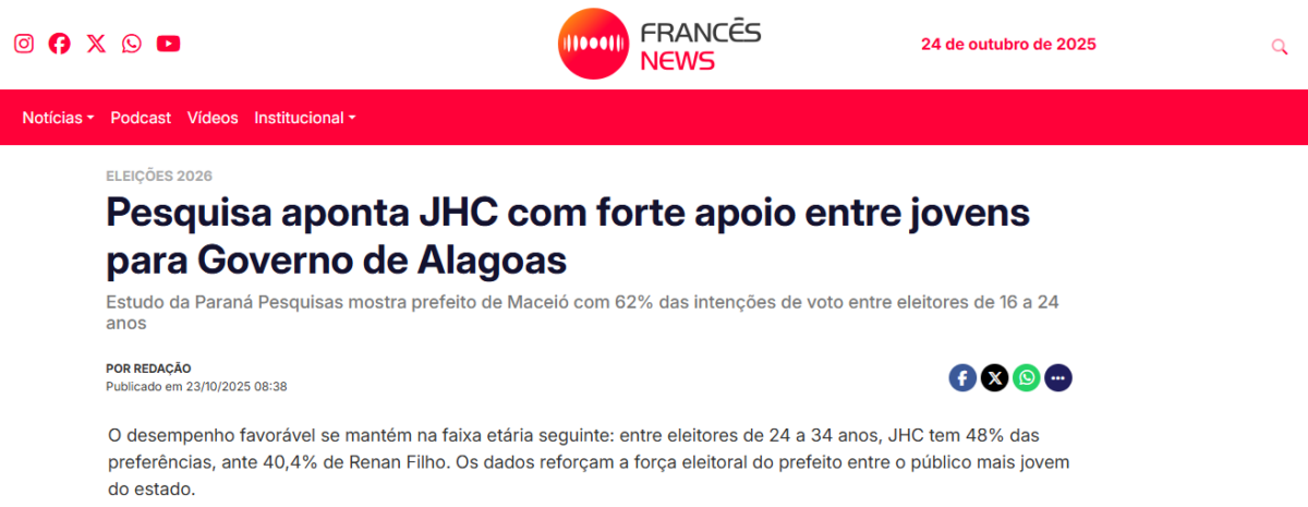 Francês News cita pesquisa realizada pela Paraná Pesquisas no Estado de Alagoas.