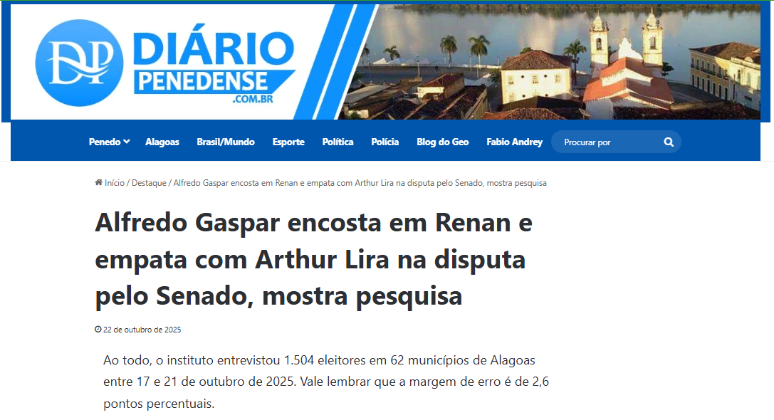 Diário Penedense cita pesquisa realizada pela Paraná Pesquisas no Estado de Alagoas.