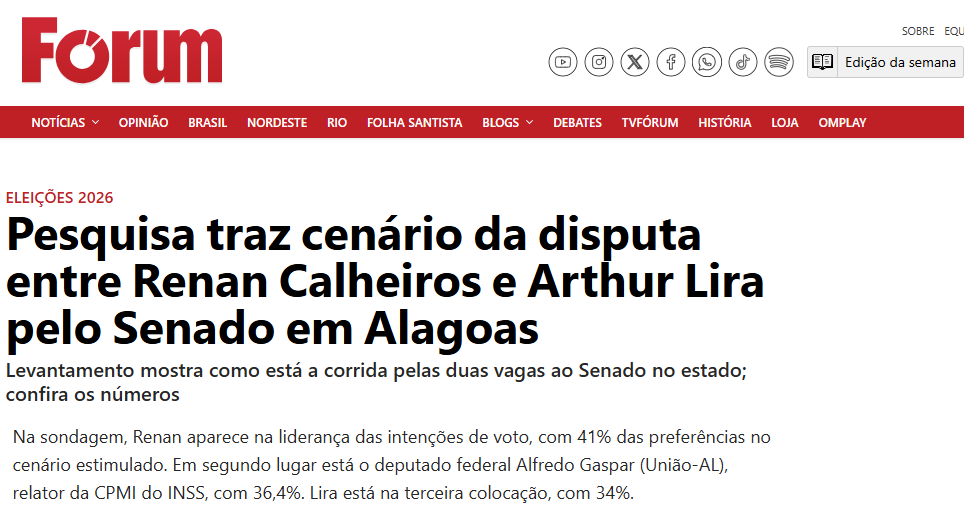 Revista Forum cita pesquisa realizada pela Paraná Pesquisas no Estado de Alagoas.