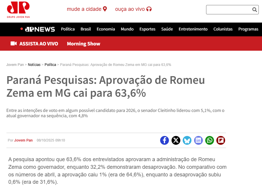 Jovem Pan cita pesquisa realizada pela Paraná Pesquisas no Estado de Minas Gerais. 2 Jovem Pan cita pesquisa realizada pela Paraná Pesquisas no Estado de Minas Gerais.