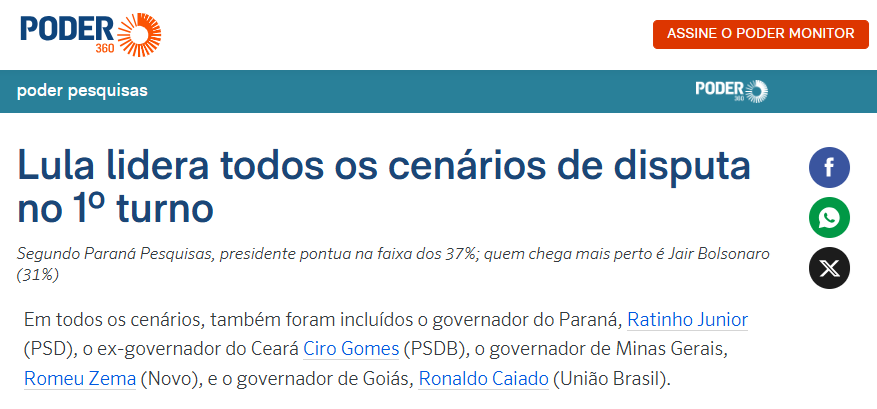 Poder 360 cita pesquisa realizada pela Paraná Pesquisas.