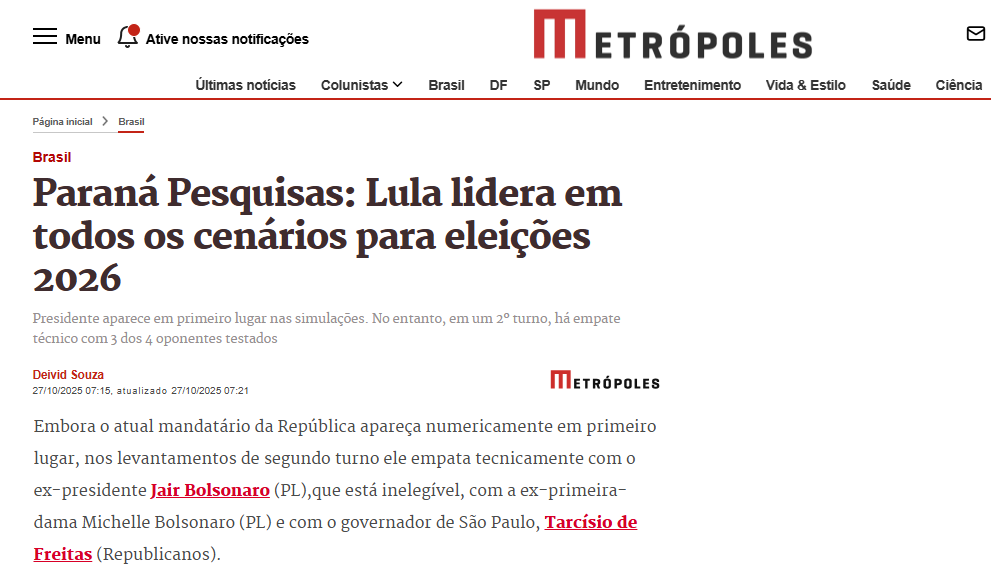Metrópoles cita pesquisa realizada pela Paraná Pesquisas.