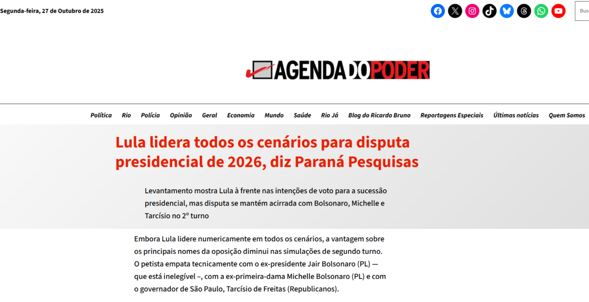 Agenda do Poder cita pesquisa realizada pela Paraná Pesquisas.