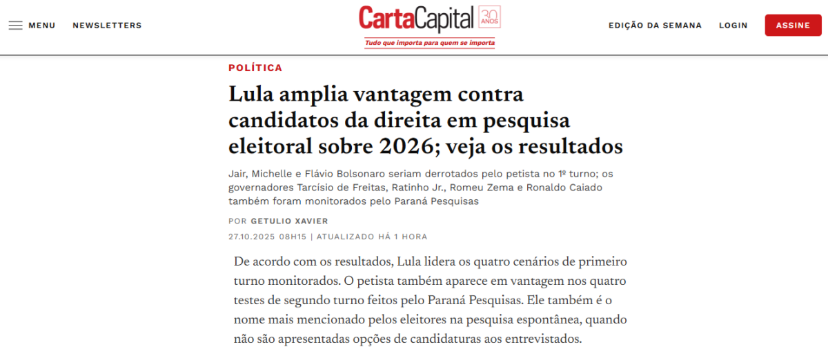 Carta Capital cita pesquisa realizada pela Paraná Pesquisas.