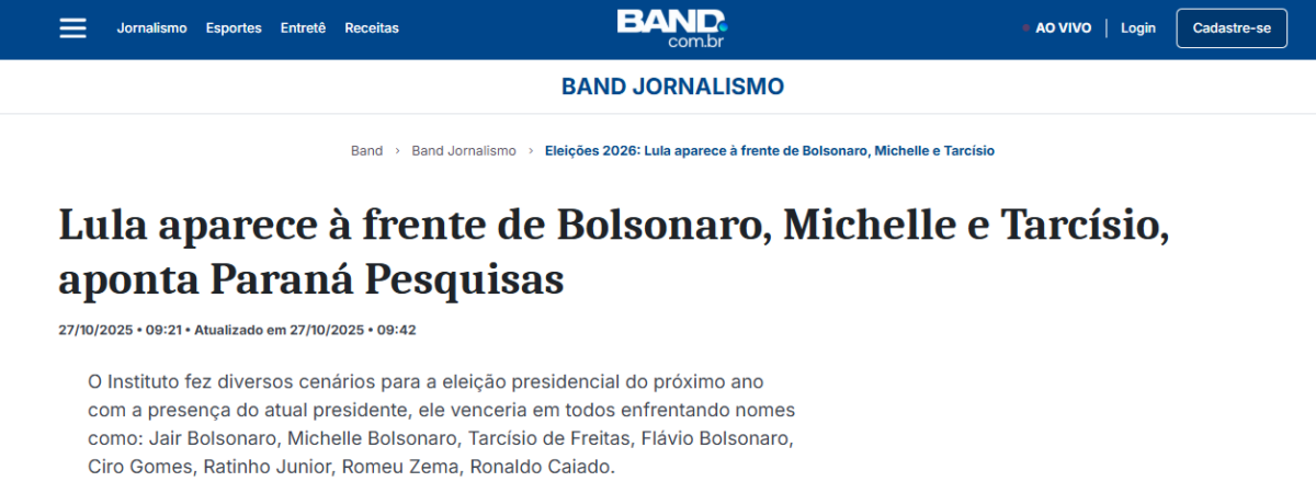 Band cita pesquisa realizada pela Paraná Pesquisas.