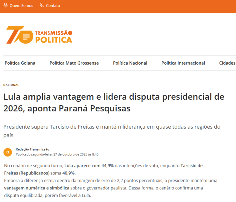 Transmissão Política cita pesquisa realizada pela Paraná Pesquisas. 2 Transmissão Política cita pesquisa realizada pela Paraná Pesquisas.