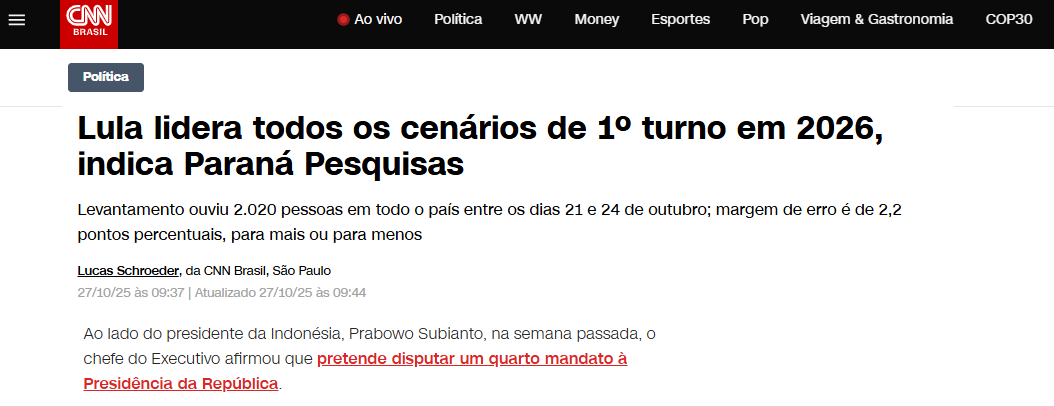 CNN Brasil cita pesquisa realizada pela Paraná Pesquisas.