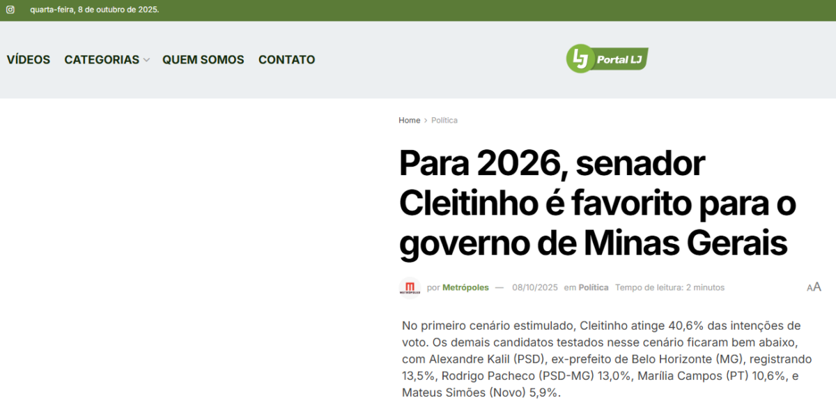 Portal LJ cita pesquisa realizada pela Paraná Pesquisas no Estado de Minas Gerais. 2 Portal LJ cita pesquisa realizada pela Paraná Pesquisas no Estado de Minas Gerais.
