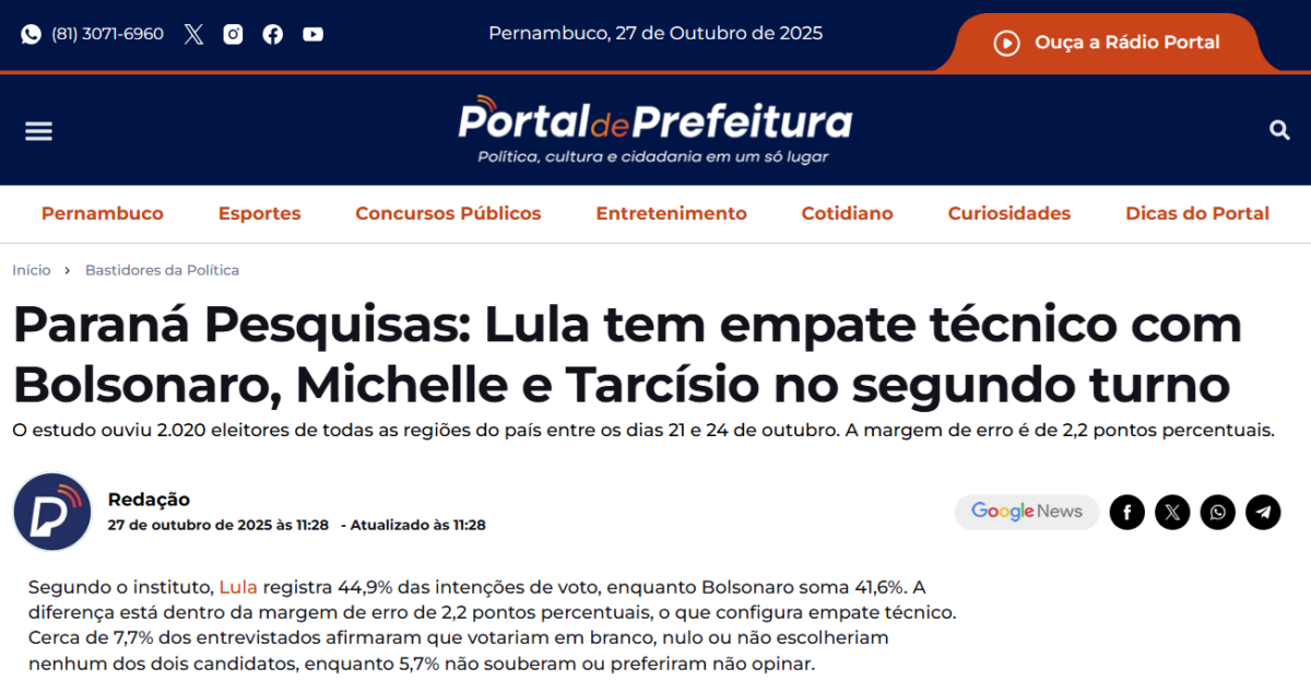 Portal de Prefeitura cita pesquisa realizada pela Paraná Pesquisas.