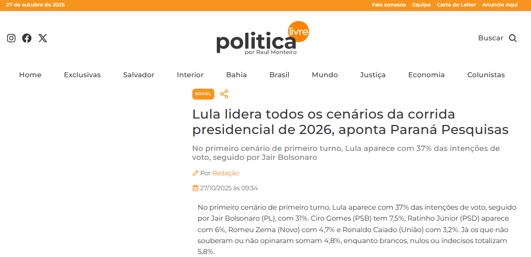 Política Livre cita pesquisa realizada pela Paraná Pesquisas.