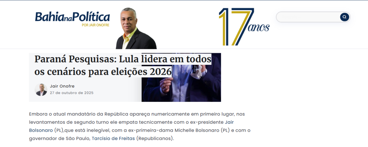 Bahia na Política cita pesquisa realizada pela Paraná Pesquisas. 2 Bahia na Política cita pesquisa realizada pela Paraná Pesquisas.