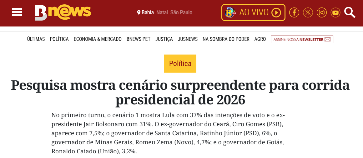 B News cita pesquisa realizada pela Paraná Pesquisas.