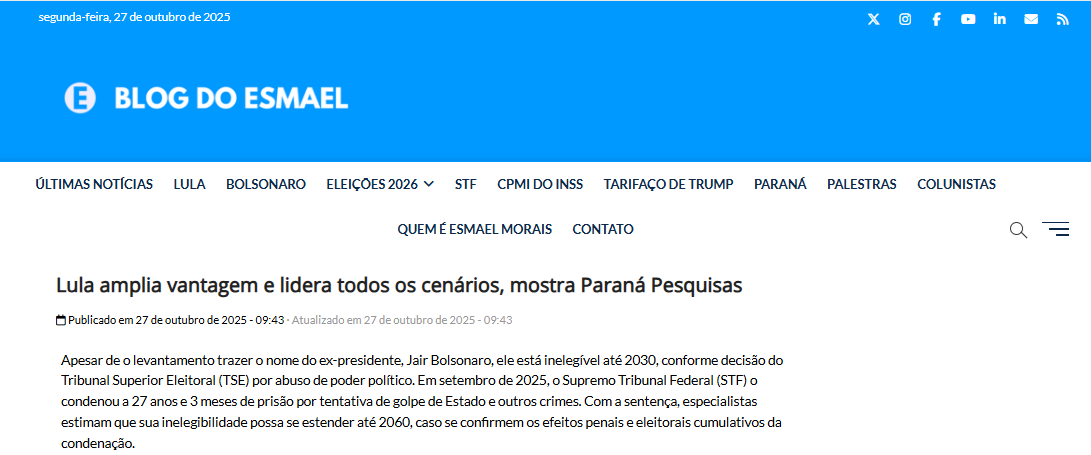Blog do Esmael cita pesquisa realizada pela Paraná Pesquisas. 2 Blog do Esmael cita pesquisa realizada pela Paraná Pesquisas.