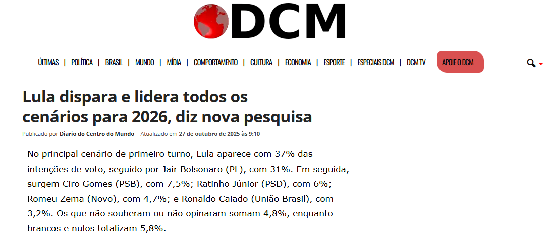 Diário do Centro do Mundo cita pesquisa realizada pela Paraná Pesquisas. 2 Diário do Centro do Mundo cita pesquisa realizada pela Paraná Pesquisas.