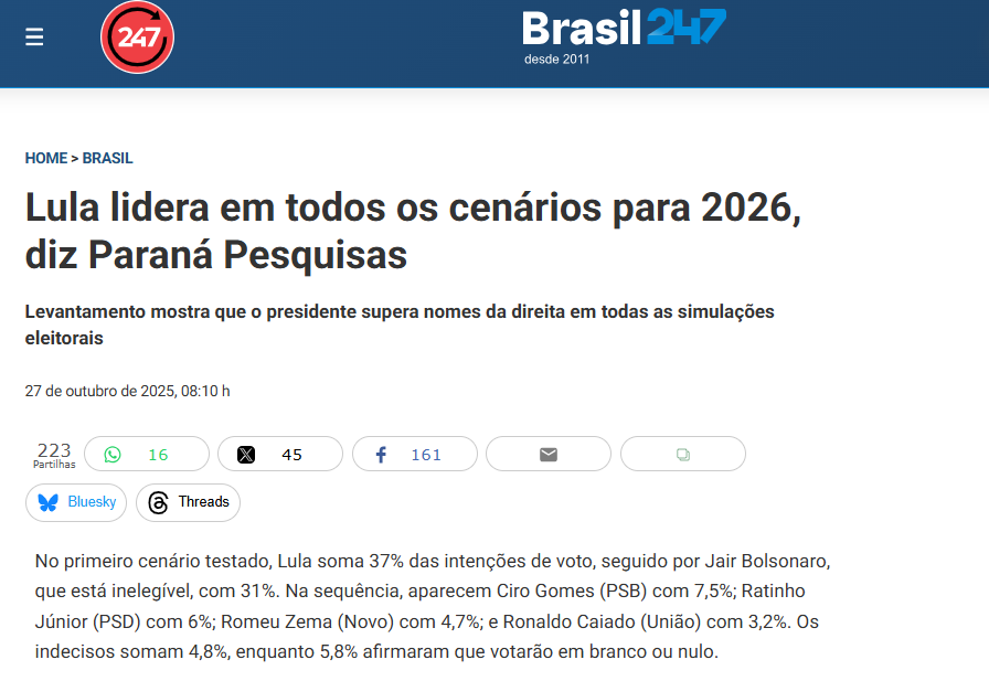 Brasil 247 cita pesquisa realizada pela Paraná Pesquisas.
