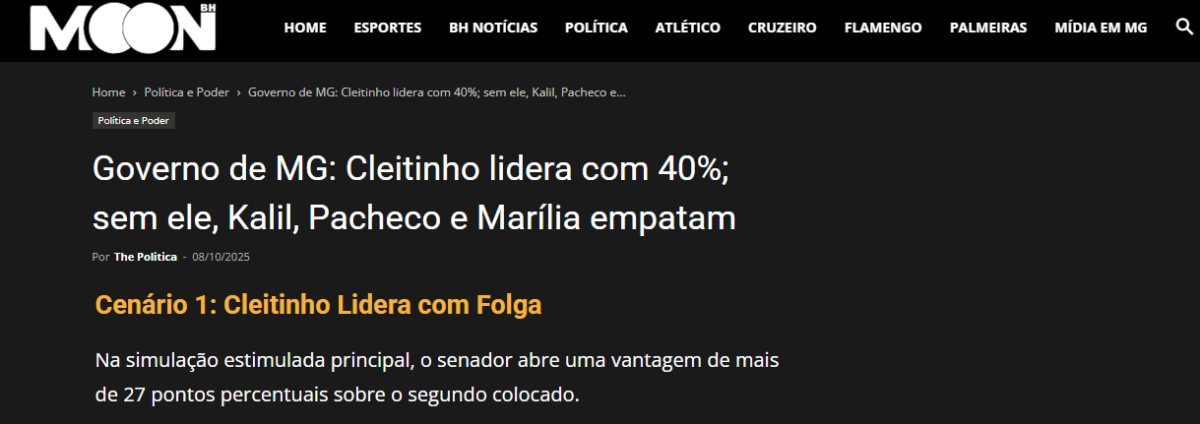Moon BH cita pesquisa realizada pela Paraná Pesquisas no Estado de Minas Gerais.