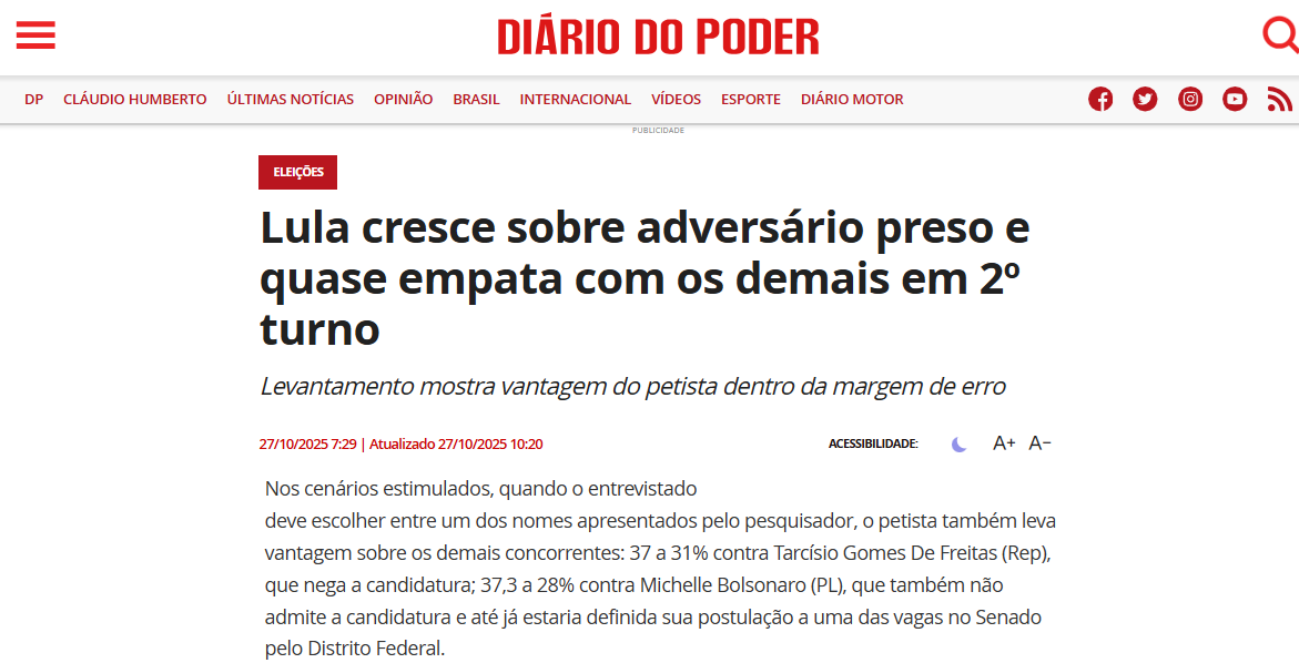 Diário do Poder cita pesquisa realizada pela Paraná Pesquisas.