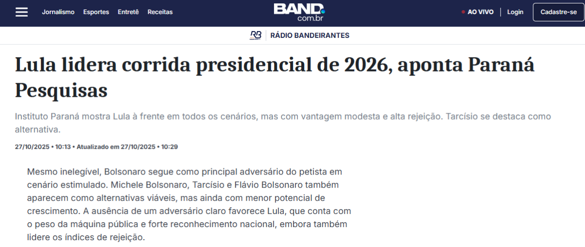 Rádio Bandeirantes cita pesquisa realizada pela Paraná Pesquisas. 2 Rádio Bandeirantes cita pesquisa realizada pela Paraná Pesquisas.