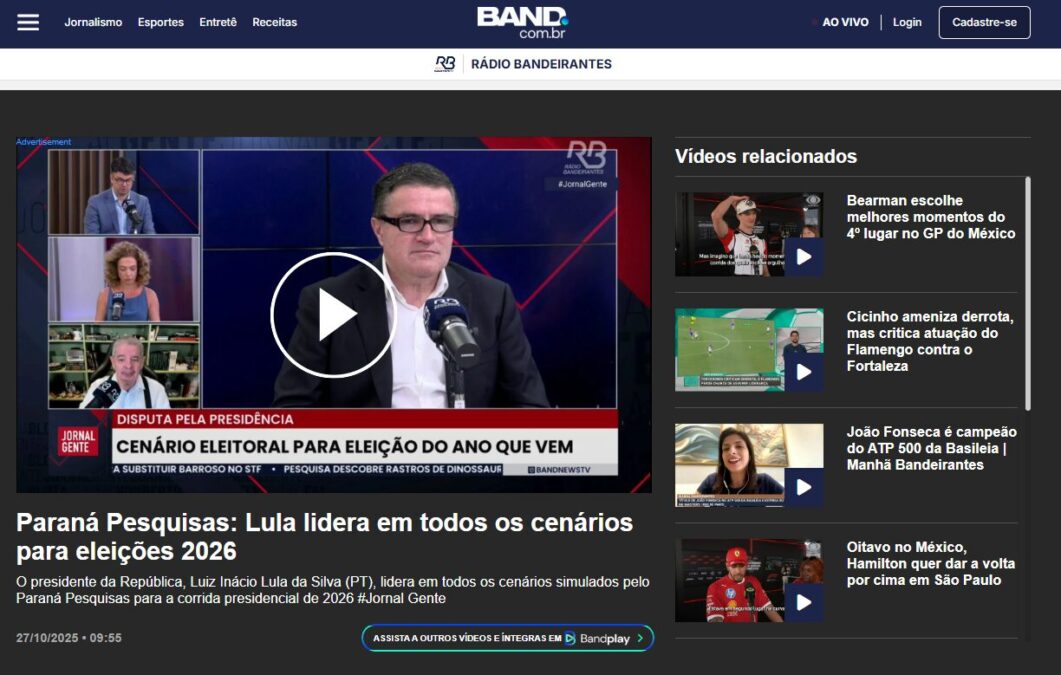 Band cita pesquisa realizada pela Paraná Pesquisas.