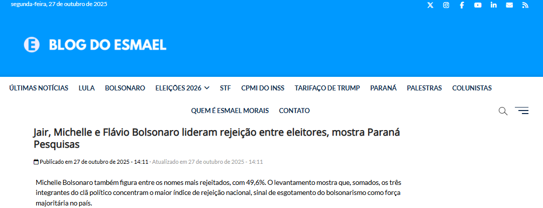 Blog do Esmael cita pesquisa realizada pela Paraná Pesquisas. 2 Blog do Esmael cita pesquisa realizada pela Paraná Pesquisas.