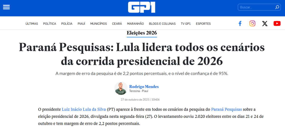 GP1 cita pesquisa realizada pela Paraná Pesquisas. 2 GP1 cita pesquisa realizada pela Paraná Pesquisas.