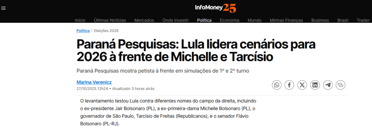 InfoMoney cita pesquisa realizada pela Paraná Pesquisas. 2 InfoMoney cita pesquisa realizada pela Paraná Pesquisas.