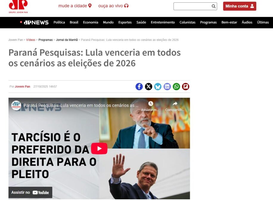 Jovem Pan cita pesquisa realizada pela Paraná Pesquisas. 2 Jovem Pan cita pesquisa realizada pela Paraná Pesquisas.