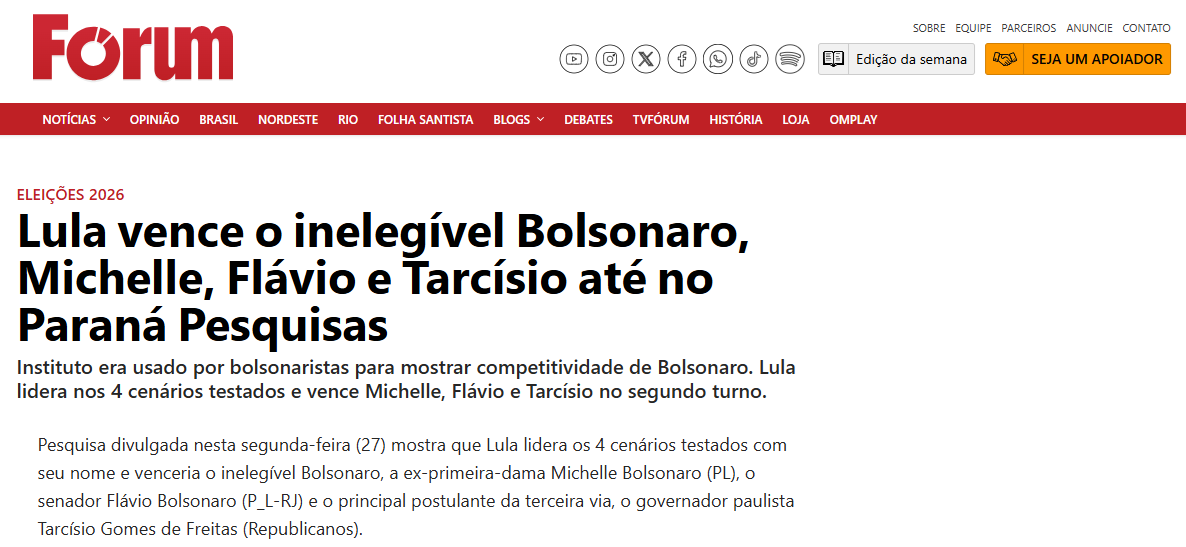 Revista Forum cita pesquisa realizada pela Paraná Pesquisas.