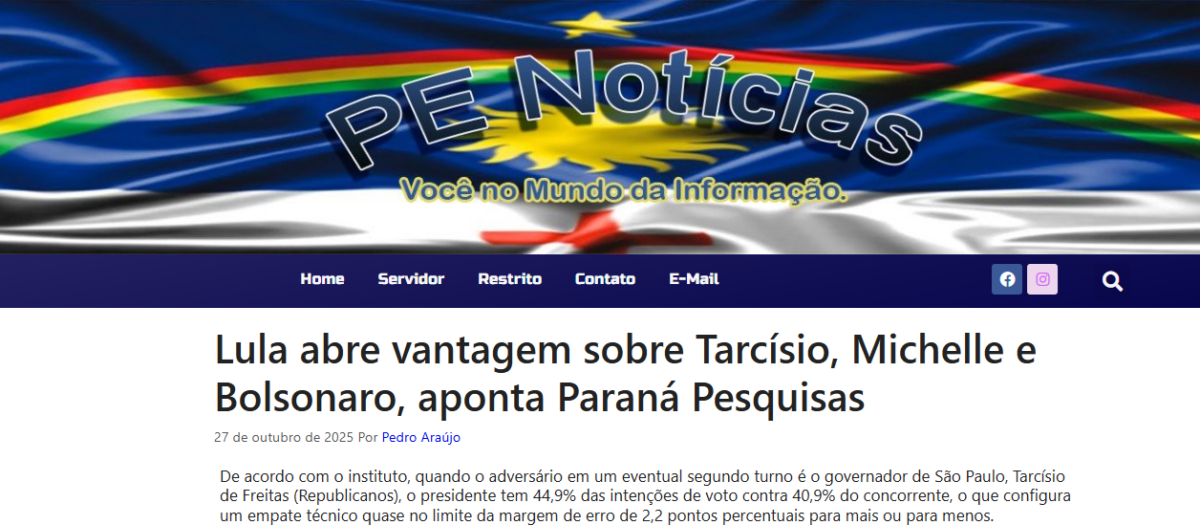 PE Notícias cita pesquisa realizada pela Paraná Pesquisas.