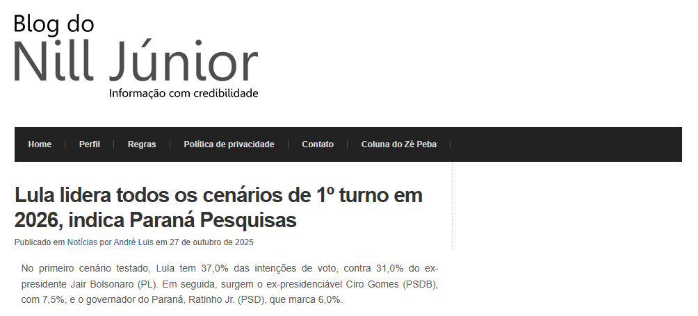 Blog do Nill Júnior cita pesquisa realizada pela Paraná Pesquisas.