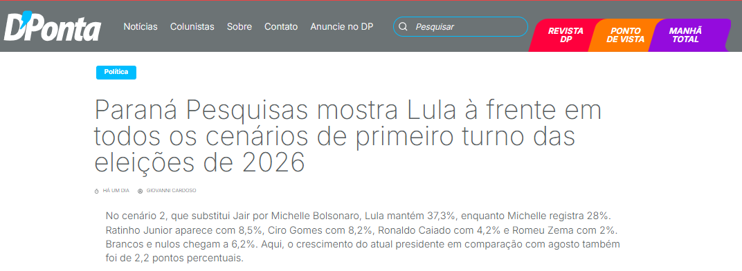 D'Ponta cita pesquisa realizada pela Paraná Pesquisas. 2 D'Ponta cita pesquisa realizada pela Paraná Pesquisas.